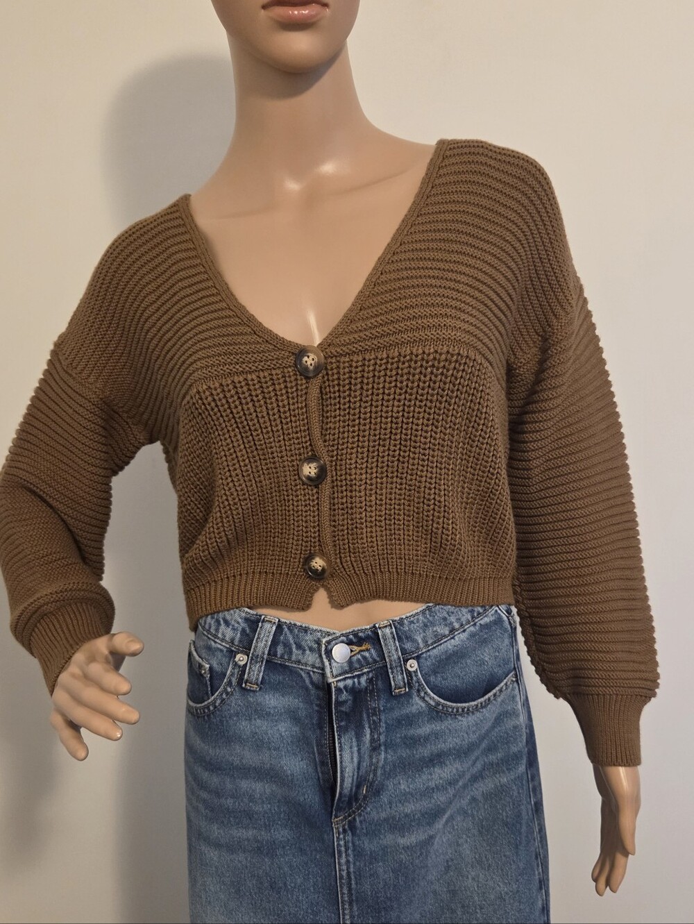 Miss Me Brown Cropped Ribbed Knit Cardigan Sweater